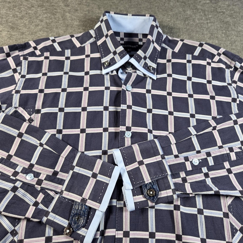 Bogosse Shirt Mens Size M Blue Purple Plaid Button Up Long Sleeve Dress Cotton